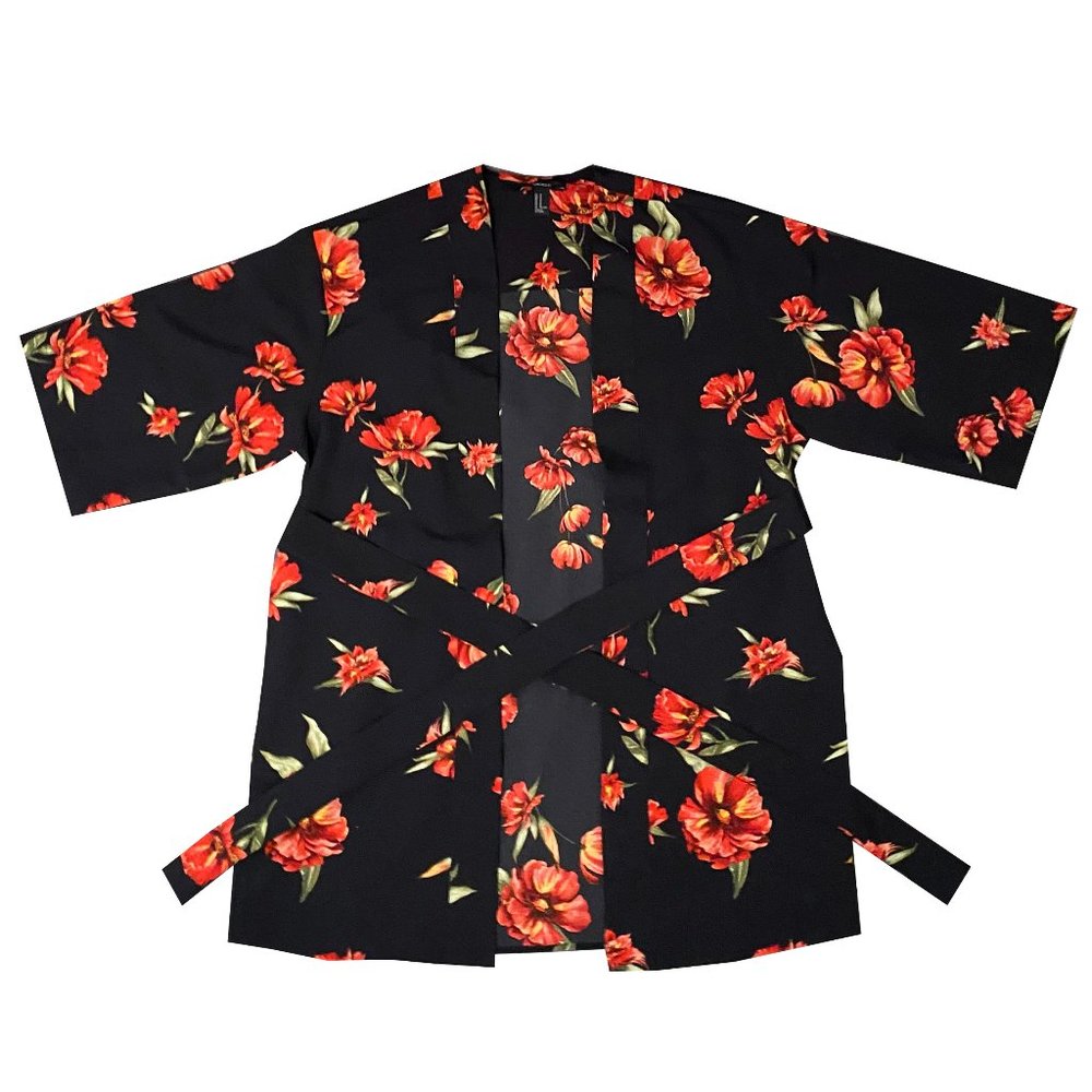 forever 21 floral red camellia print kimono robe, beach coverup with belt - Picture 1 of 3